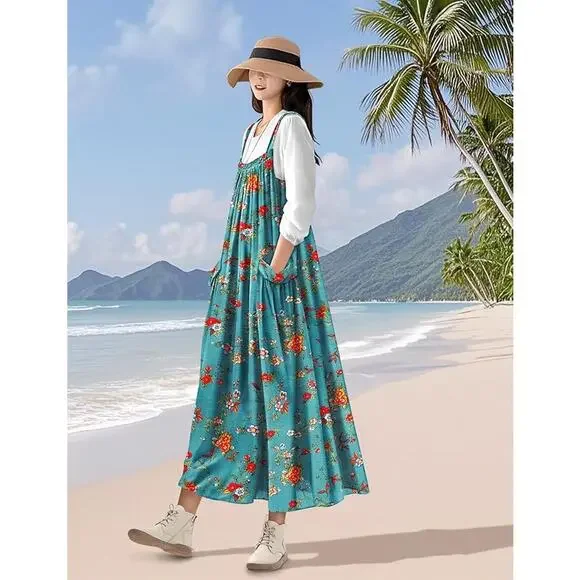 Women’s Boho Floral Maxi Overall Dress Cotton Rayon Casual Jumper w Pockets L - Picture 6 of 8